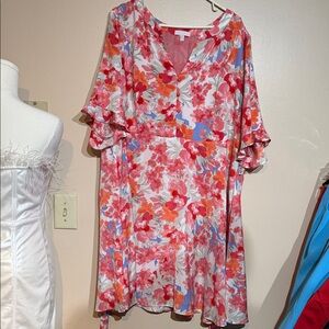 Floral V-Neck Dress with Ruffle Sleeves